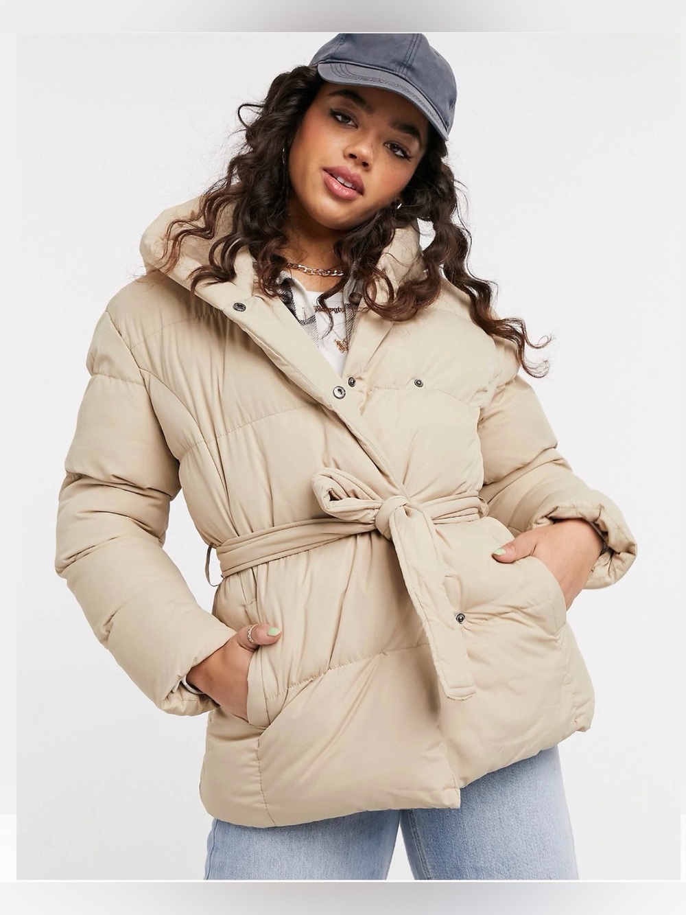 Women's Beige Belted Puffer Coat